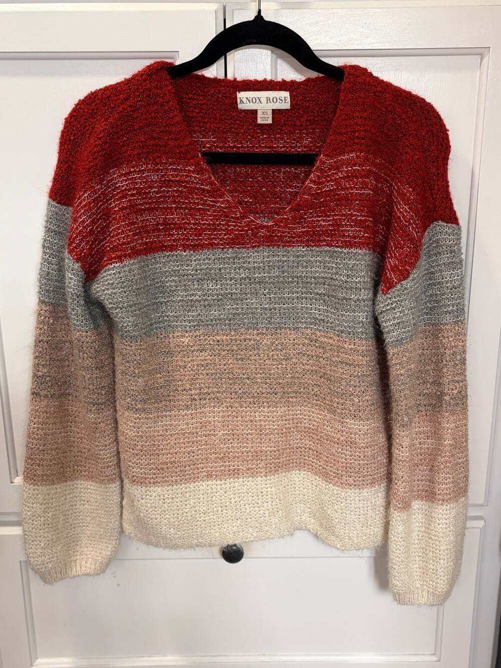 Knox Rose Colorblock Fuzzy Knit Sweater Women’s XS Red Gray Taupe Cream Cozy